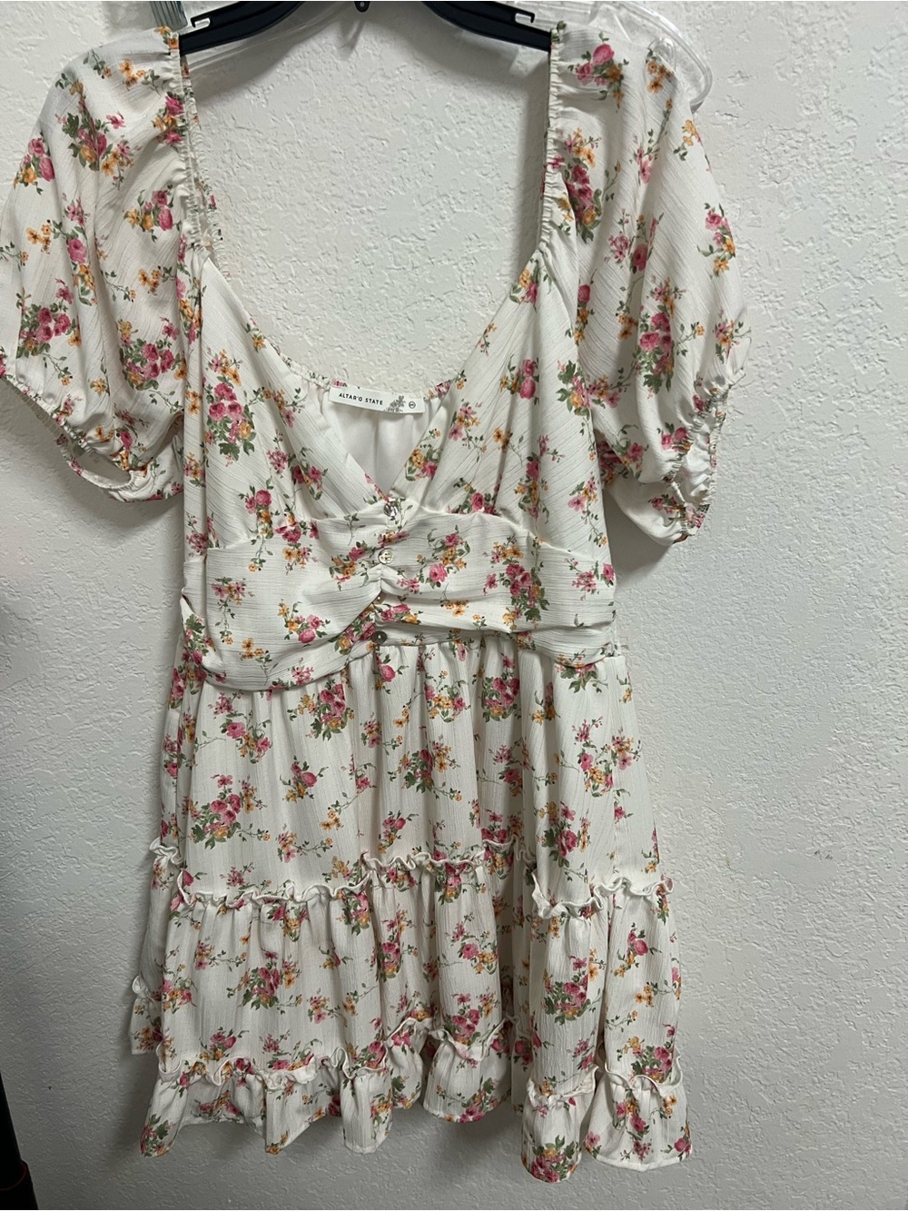 Altar'd State White Floral Puff-Sleeve Tiered Dress